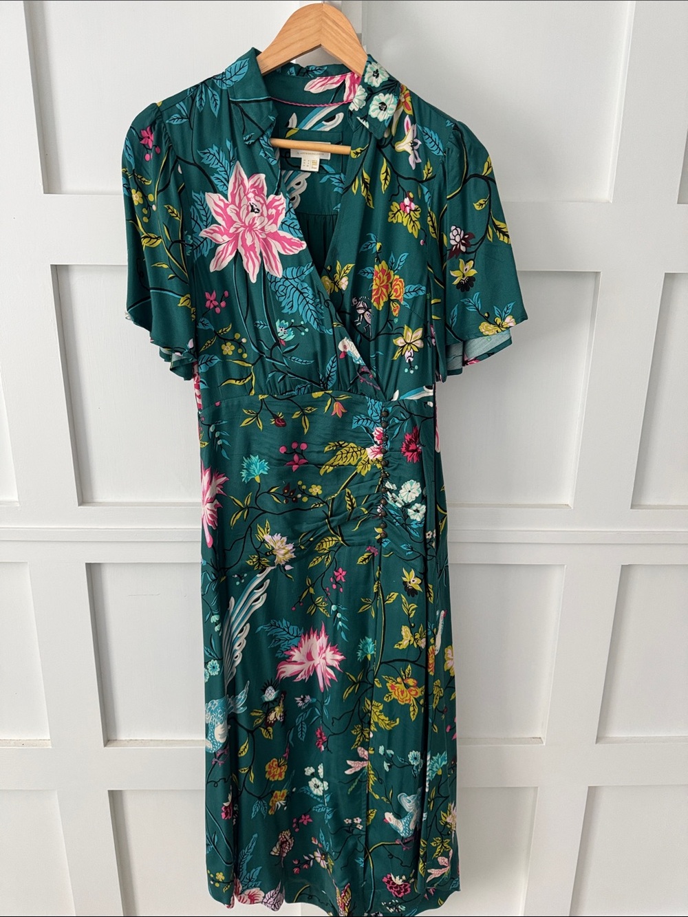 Anthropologie Teal Floral Wrap Dress with Pink Accents